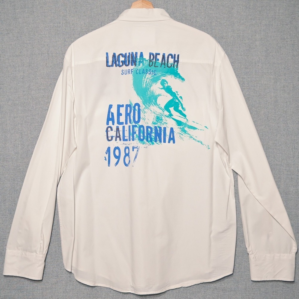 Aeropostale Shirt Mens XL White Long Sleeve Button Down Surf 1987 Flaw